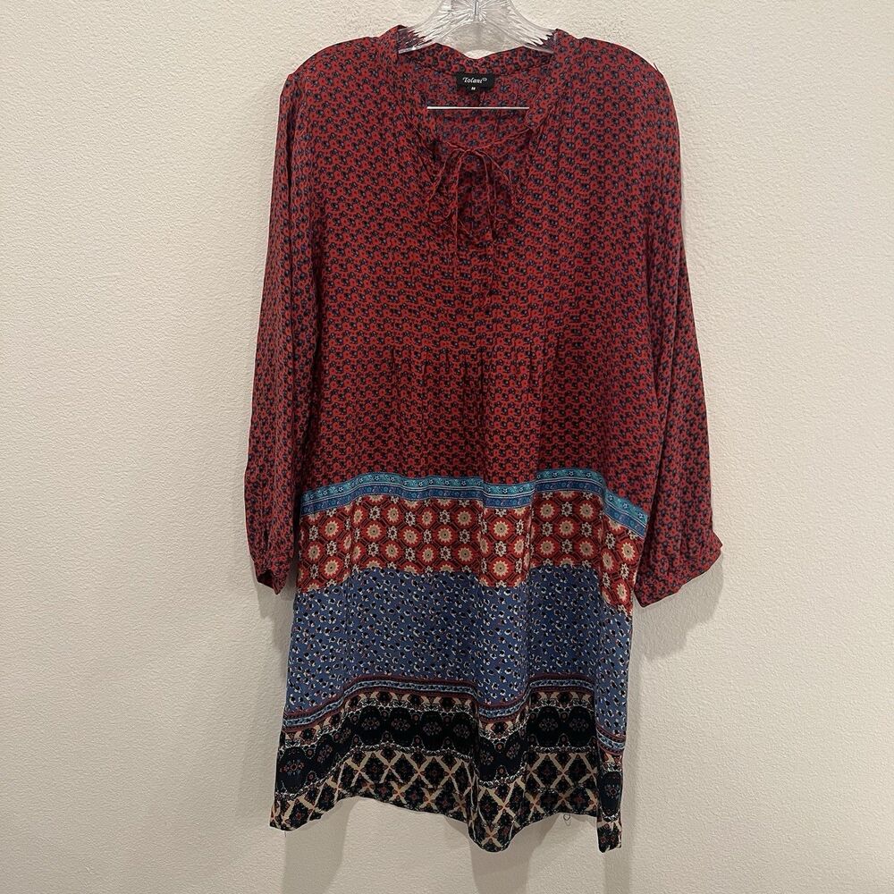 TOLANI Dress M Silk Boho Mini Floral Pleated Boho Tunic Tie Neck 3/4 Sleeve Red